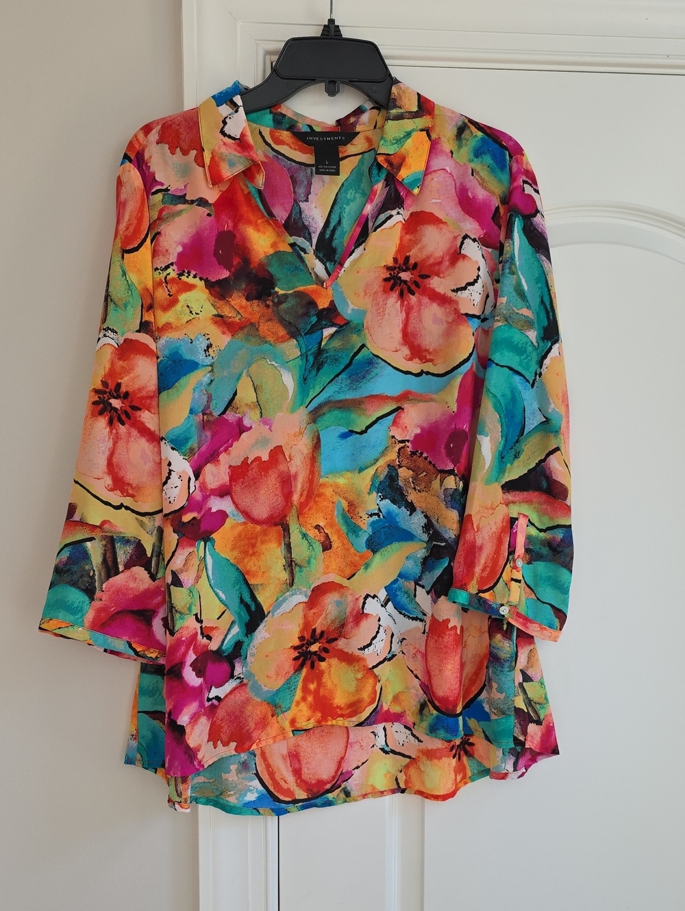 Investments Multi-Color Floral V-Neck Boho Tunic Blouse